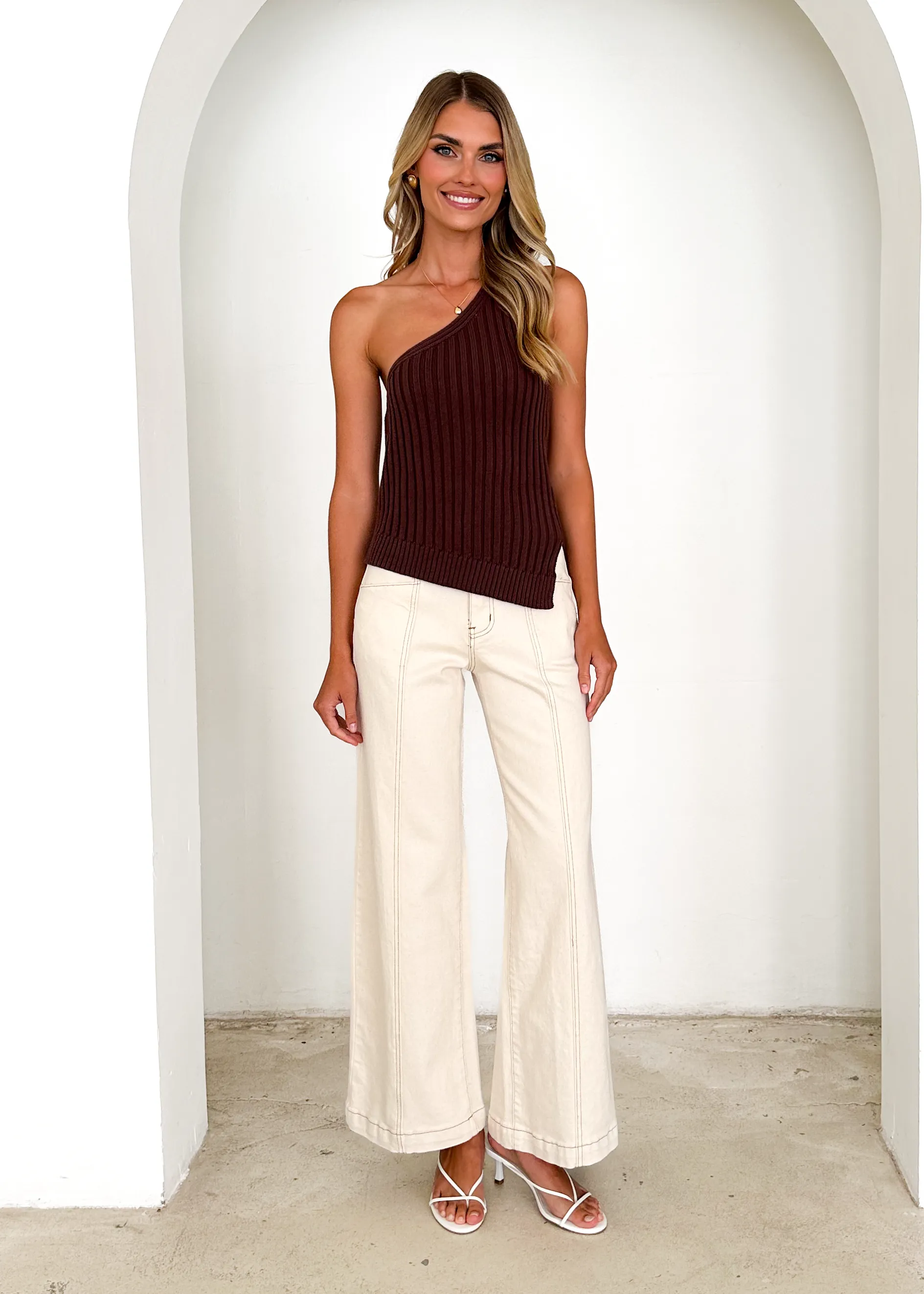 Natalee One Shoulder Knit Top - Chocolate sold by Gingham & Heels product image thumbnail 4