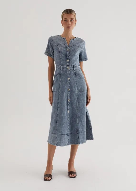 Petra Denim Midi Dress - Washed Blue sold by Gingham & Heels