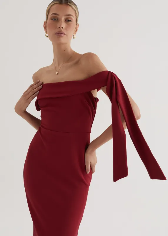 Renia Off Shoulder Maxi Dress - Cherry sold by Gingham & Heels