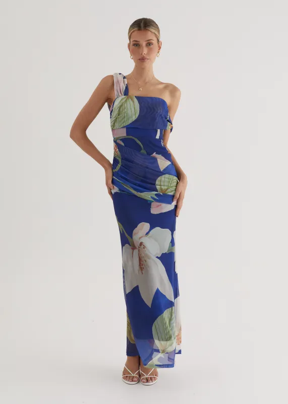 Helena Mesh Maxi Dress - Blue Flowers sold by Gingham & Heels