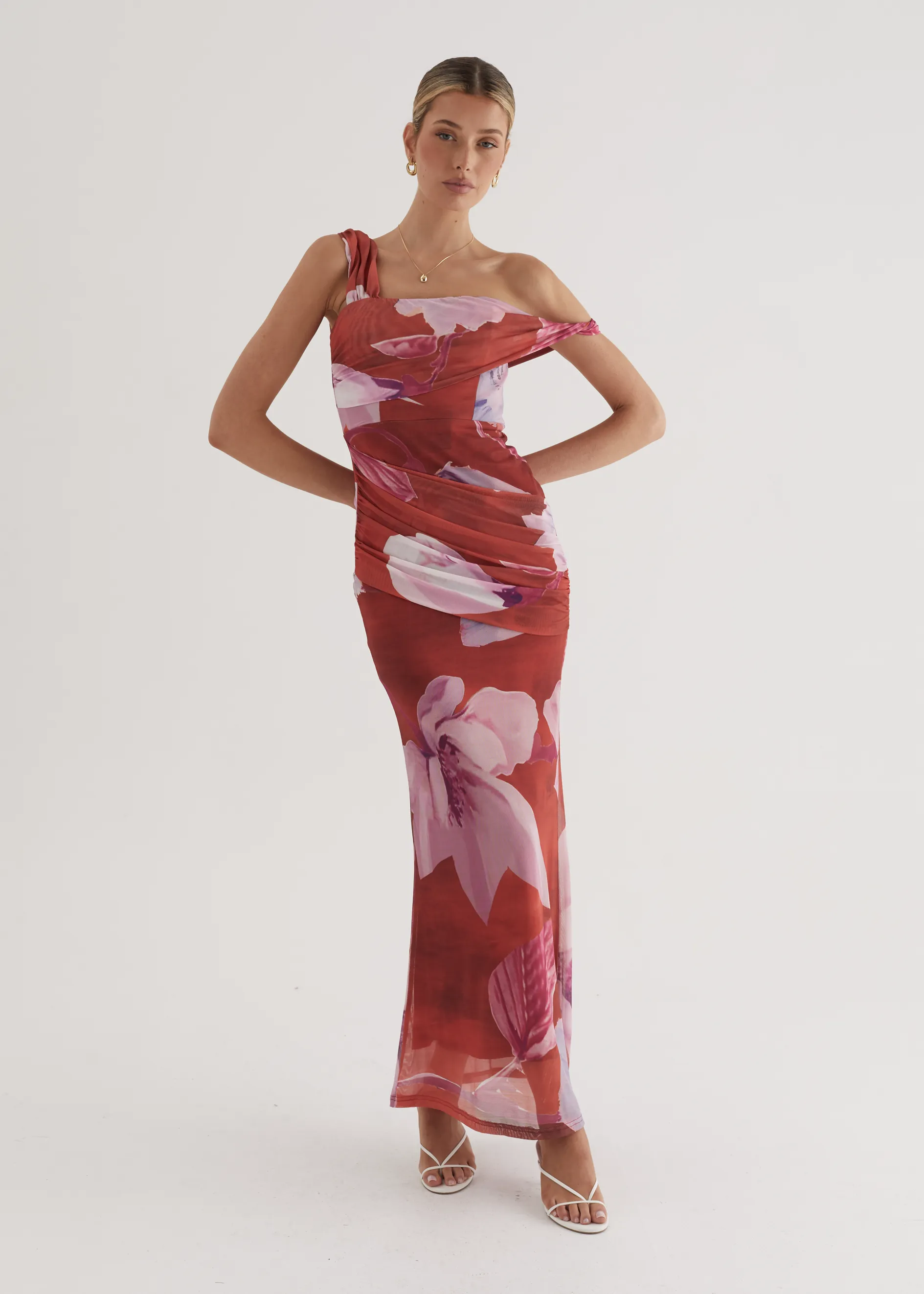 Helena Mesh Maxi Dress - Wine Flowers sold by Gingham & Heels
