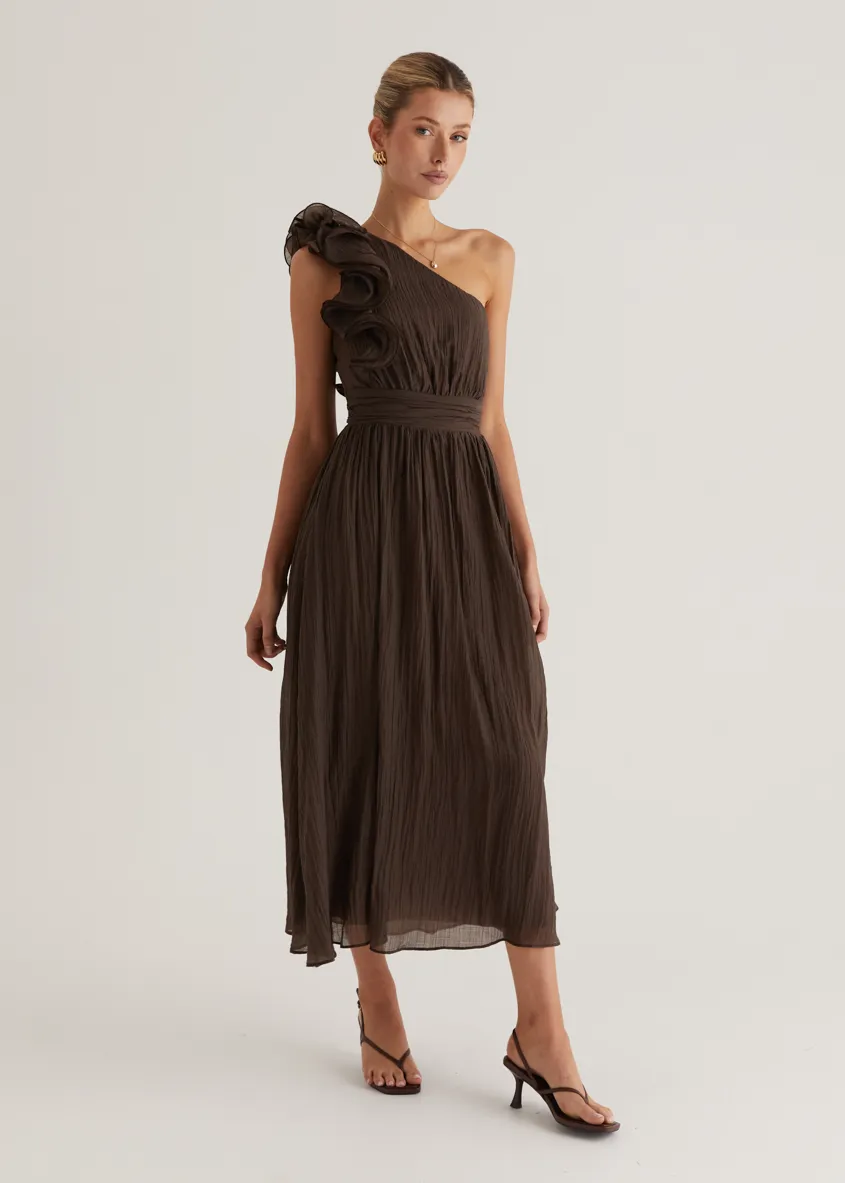 Iksie One Shoulder Maxi Dress - Chocolate sold by Gingham & Heels