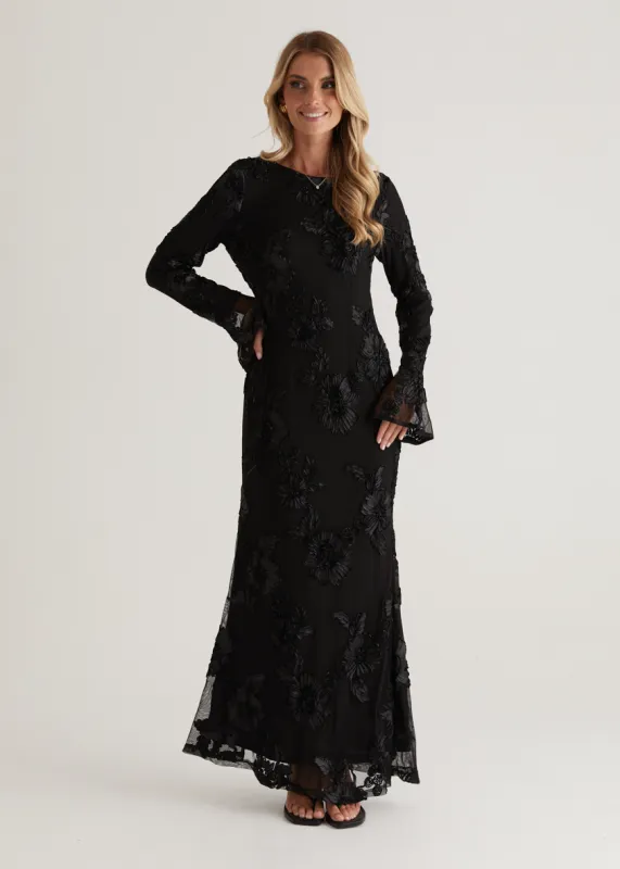 Kya Mesh Maxi Dress - Black Embroidered sold by Gingham & Heels
