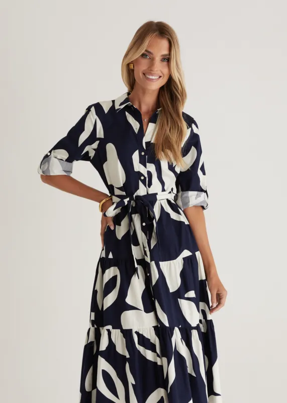 Maybelle Midi Dress - Navy Leaf sold by Gingham & Heels