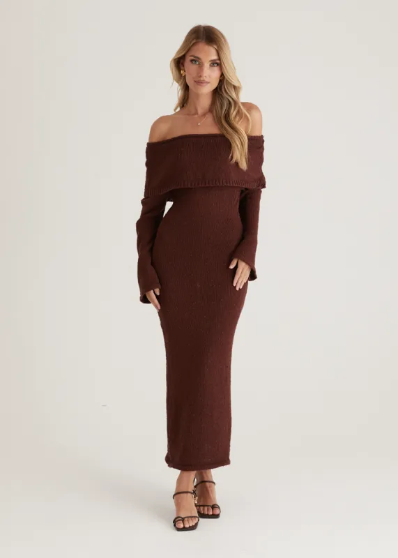Sky Off Shoulder Knit Midi Dress - Chocolate sold by Gingham & Heels
