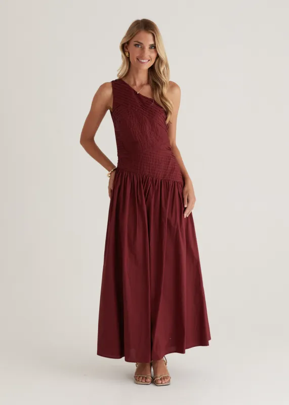 Tazzy One Shoulder Maxi Dress - Burgundy sold by Gingham & Heels