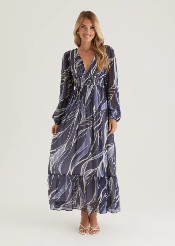 Skyline Maxi Dress - Navy Swirl sold by Gingham & Heels