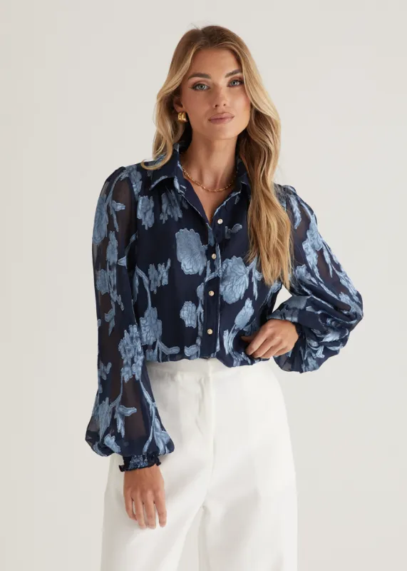 Avril Shirt - Blue Floral sold by Gingham & Heels