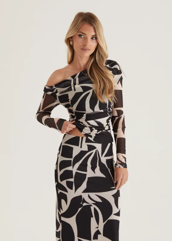 Mimi Mesh Maxi Skirt - Black Abstract sold by Gingham & Heels