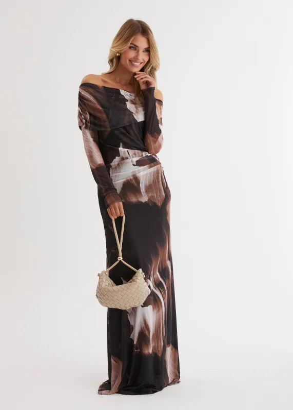 Nix Off Shoulder Maxi Dress - Choc Swirl sold by Gingham & Heels