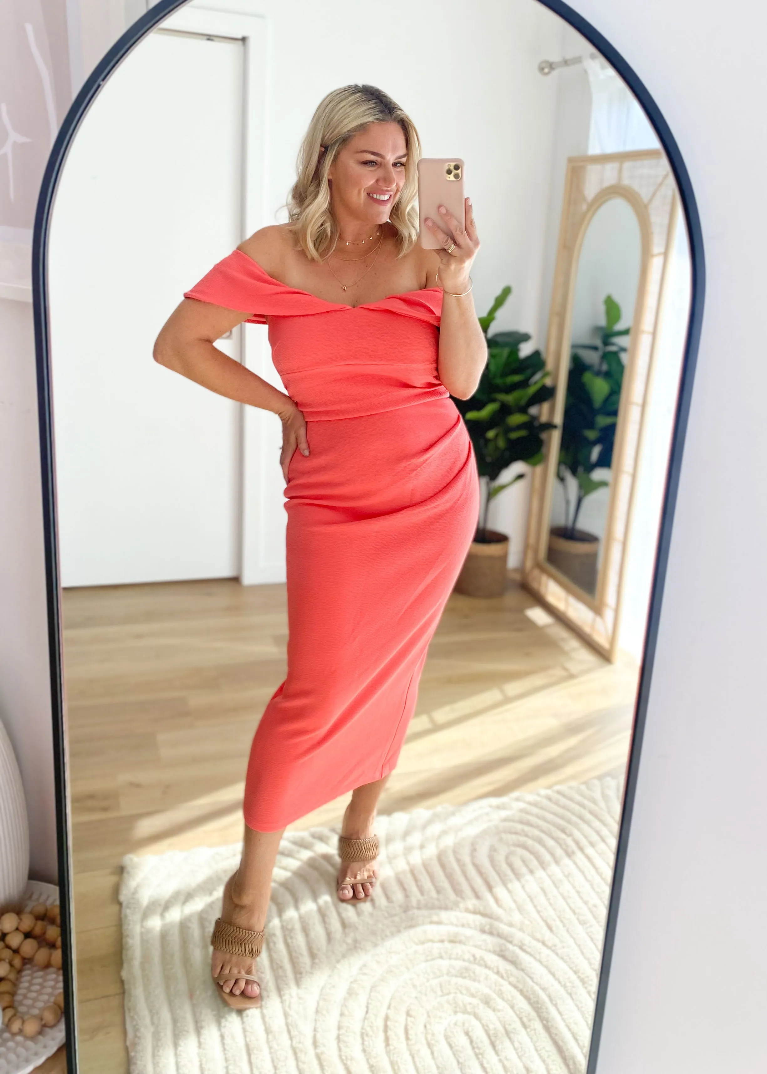 Valeria Off Shoulder Midi Dress - Watermelon sold by Gingham & Heels product image thumbnail 4