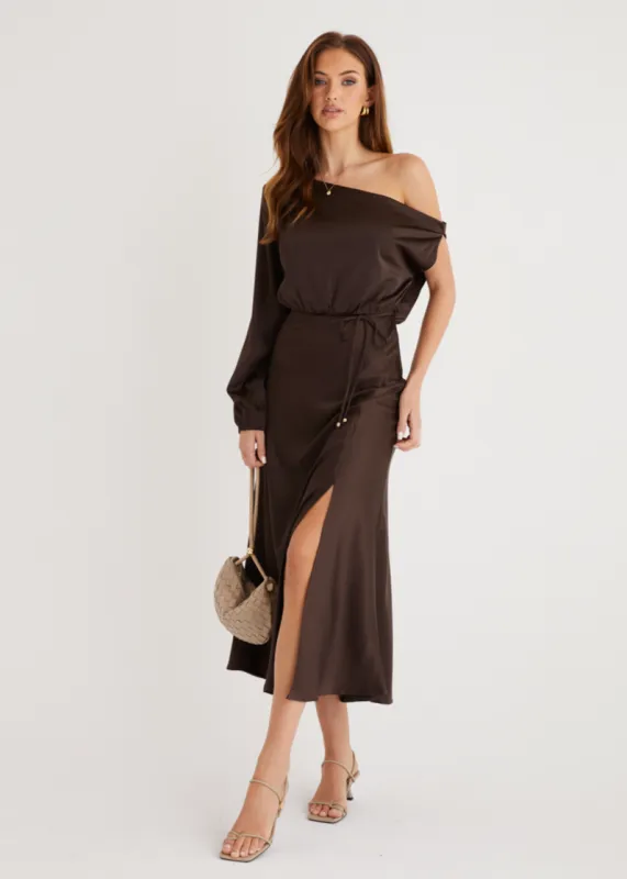Skylah Drop Shoulder Midi Dress - Chocolate sold by Gingham & Heels