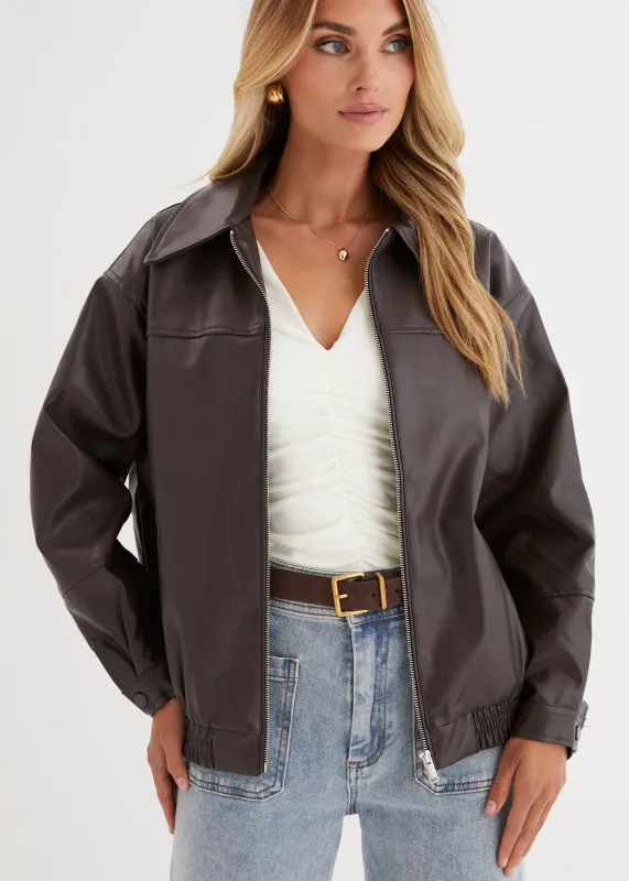 Suki Leather Look Jacket - Chocolate sold by Gingham & Heels