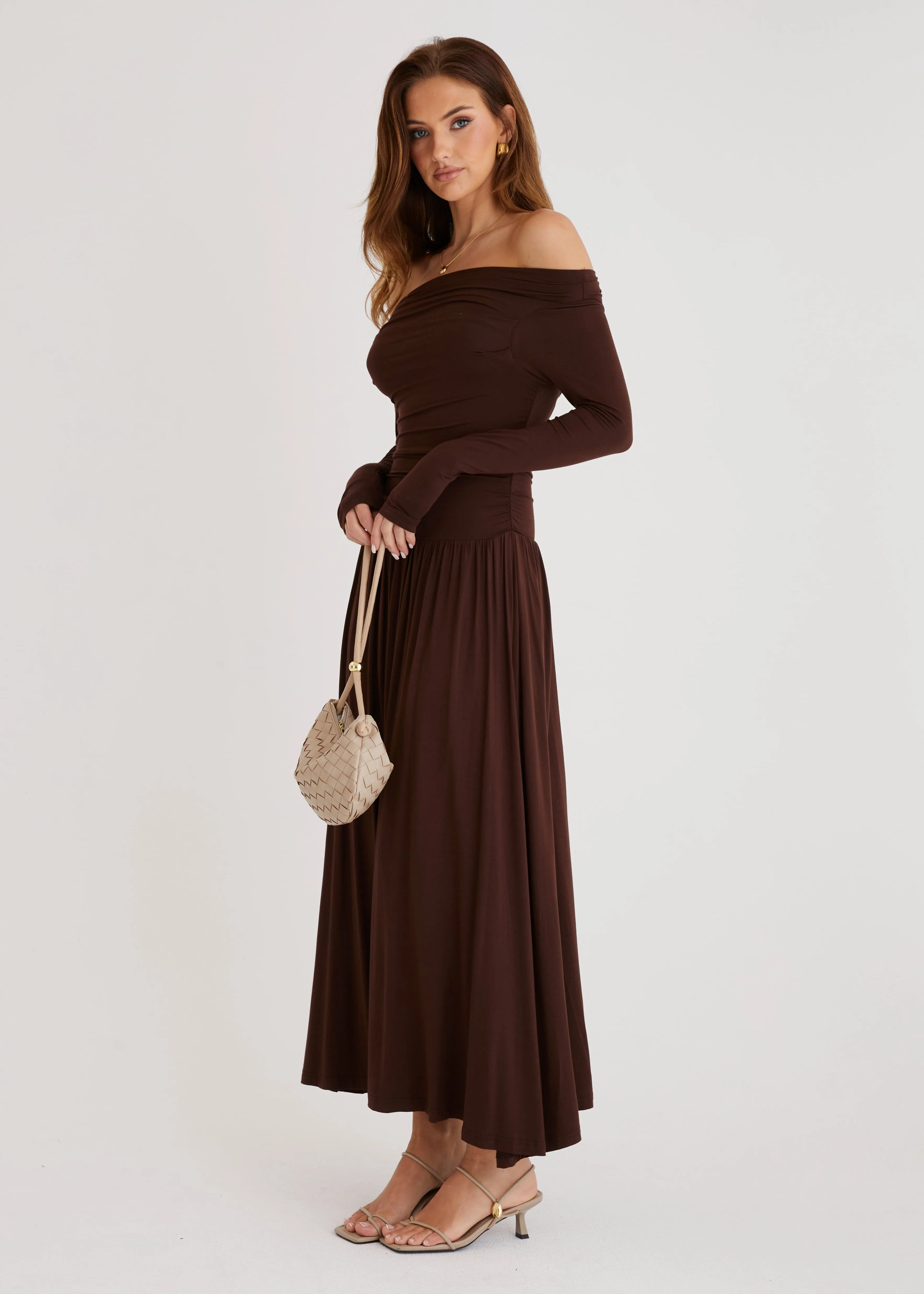 Aluna Off Shoulder Maxi Dress - Chocolate sold by Gingham & Heels product image thumbnail 3