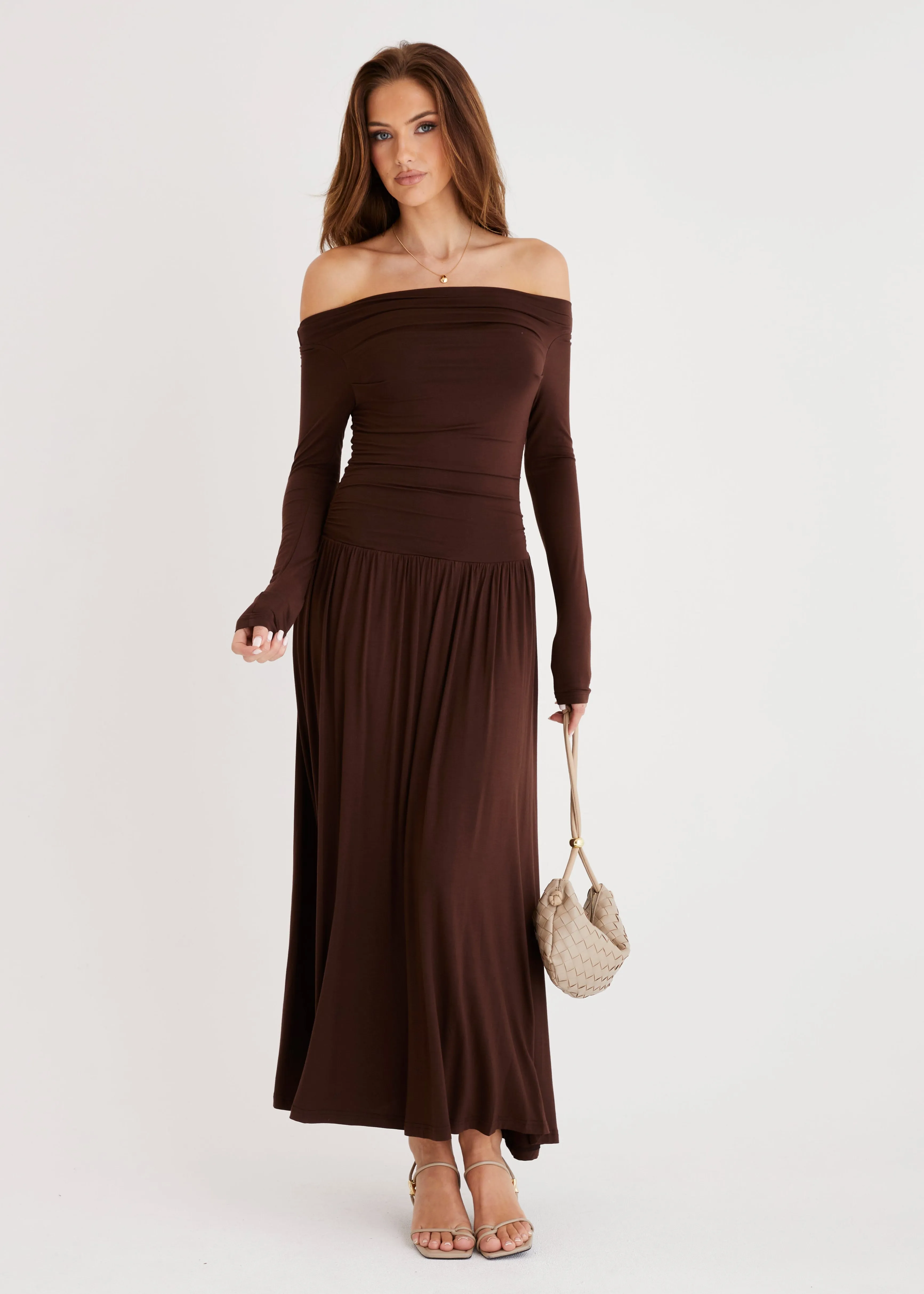 Aluna Off Shoulder Maxi Dress - Chocolate sold by Gingham & Heels