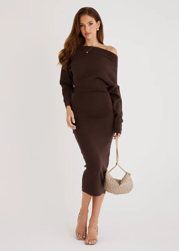 Milena Drop Shoulder Knit Midi Dress - Chocolate sold by Gingham & Heels