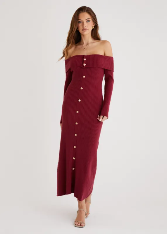 Aloe Off Shoulder Knit Maxi Dress - Wine sold by Gingham & Heels
