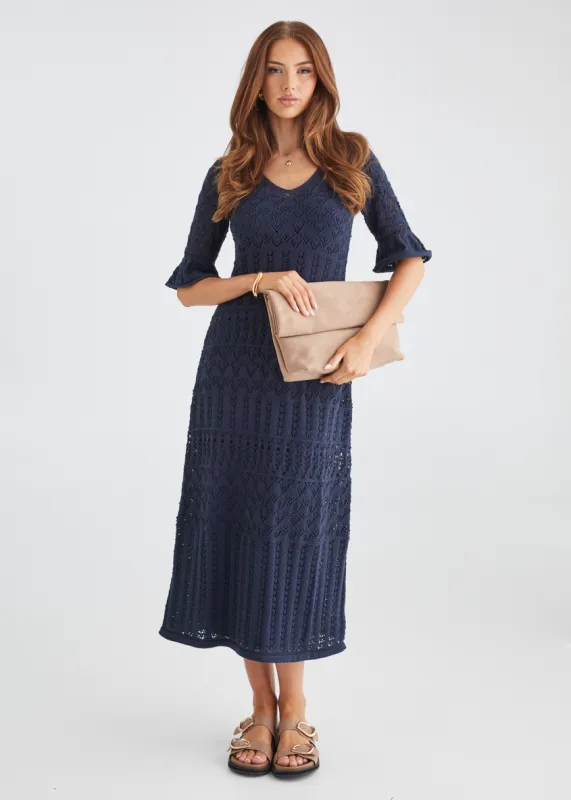 Estrela Crochet Midi Dress - Navy sold by Gingham & Heels