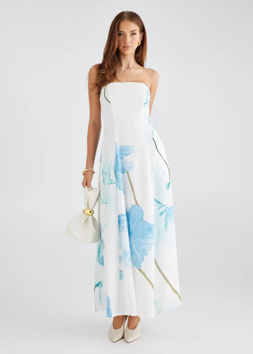 Jayde Strapless Maxi Dress - Blue Flowers sold by Gingham & Heels