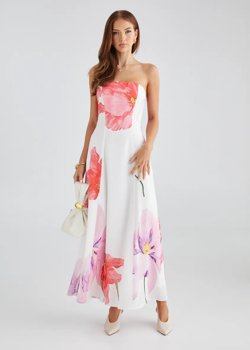Jayde Strapless Maxi Dress - Pink Flowers sold by Gingham & Heels