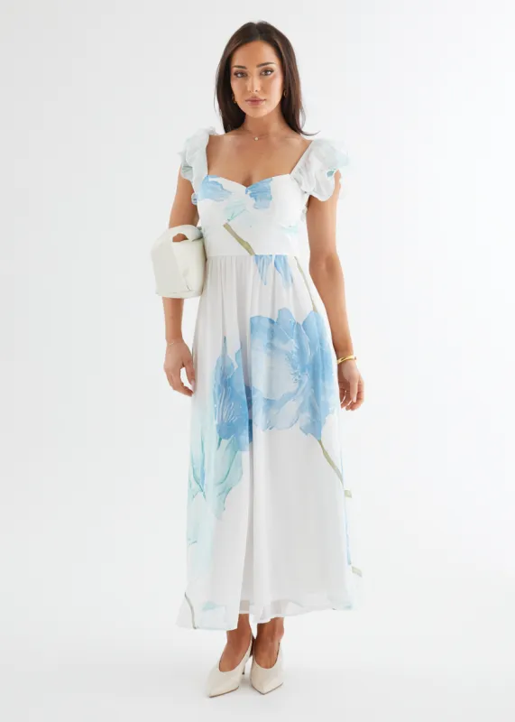 Nahla Maxi Dress - Blue Wildflower sold by Gingham & Heels