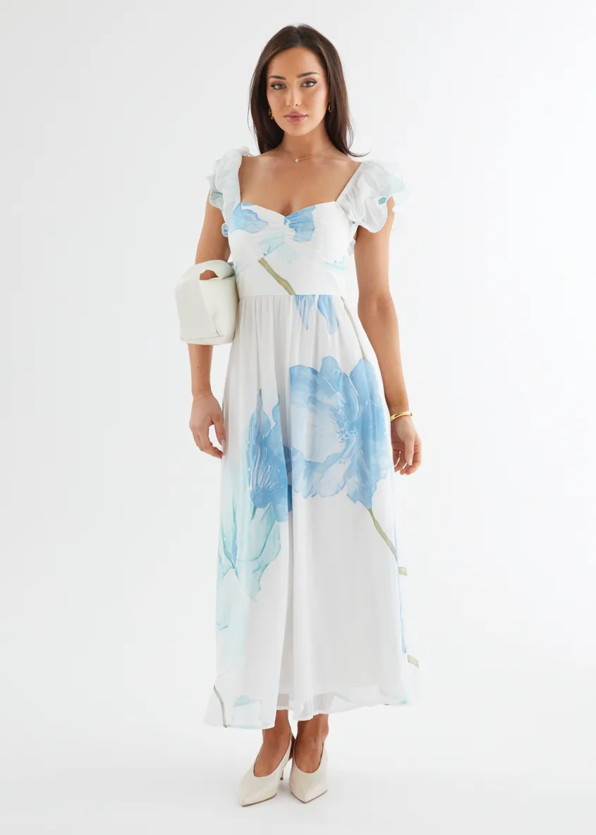Nahla Maxi Dress - Blue Wildflower sold by Gingham & Heels