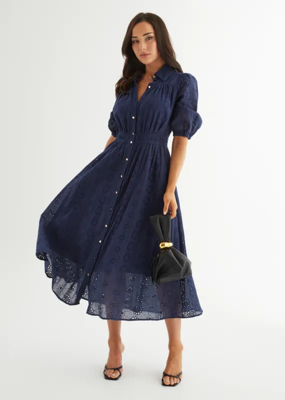 Eryn Midi Dress - Navy Anglaise sold by Gingham & Heels