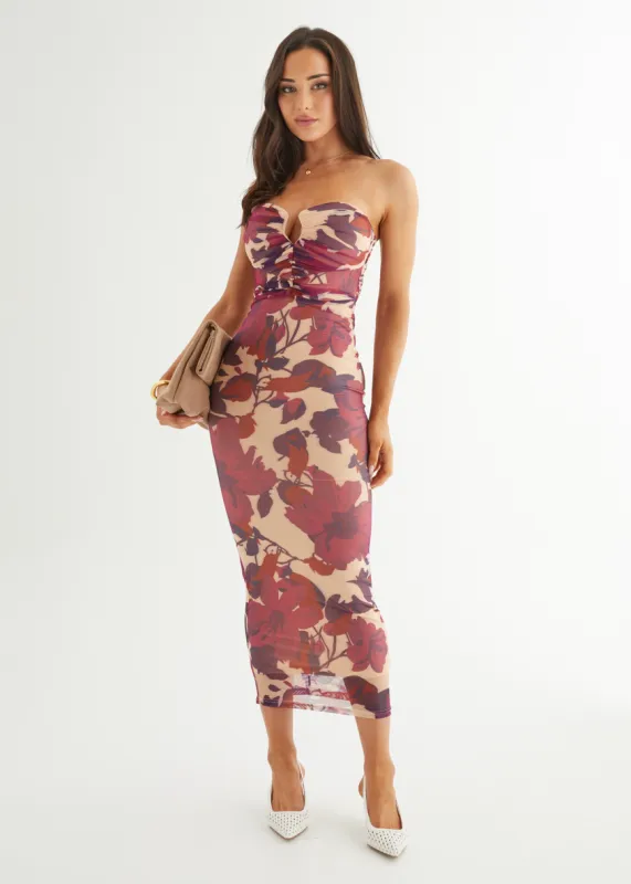 May Strapless Mesh Midi Dress - Mulberry Floral sold by Gingham & Heels