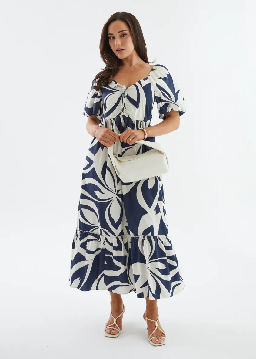 Margo Maxi Dress - Navy Abstract sold by Gingham & Heels