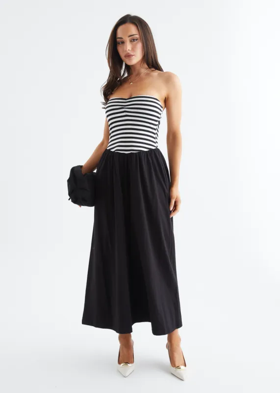 Lori Strapless Maxi Dress - Black Stripe sold by Gingham & Heels