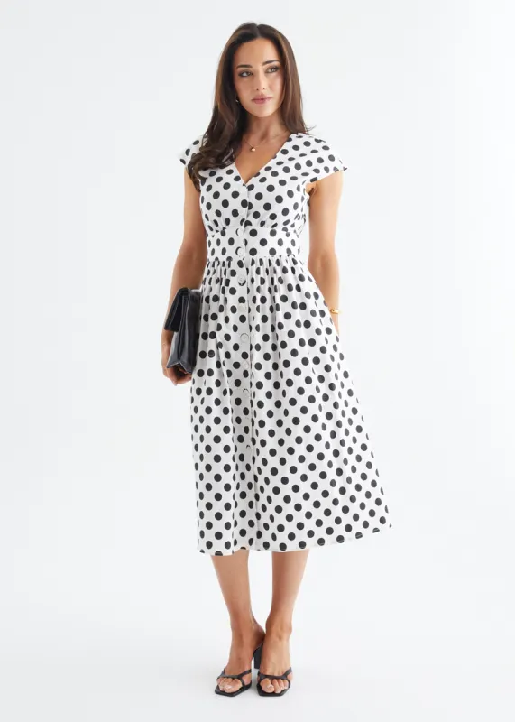 Jovianne Midi Dress - White Polka sold by Gingham & Heels