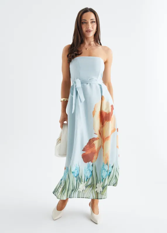 Naya Strapless Midi Dress - Sky Floral sold by Gingham & Heels