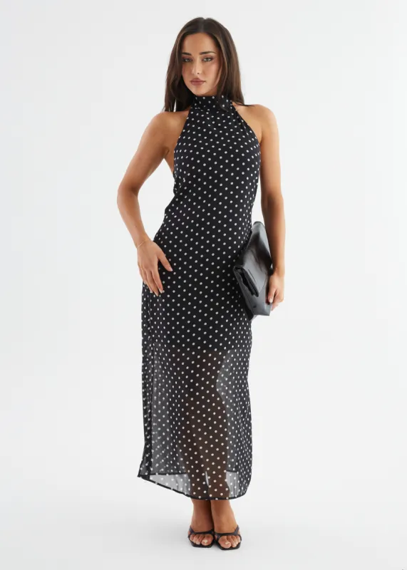 Disillusion Halter Maxi Dress - Black Polka sold by Gingham & Heels