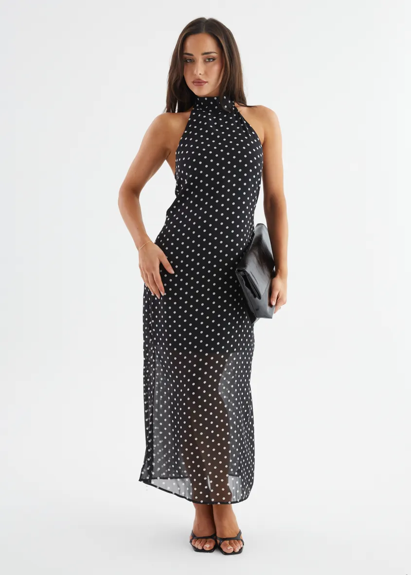 Disillusion Halter Maxi Dress - Black Polka sold by Gingham & Heels