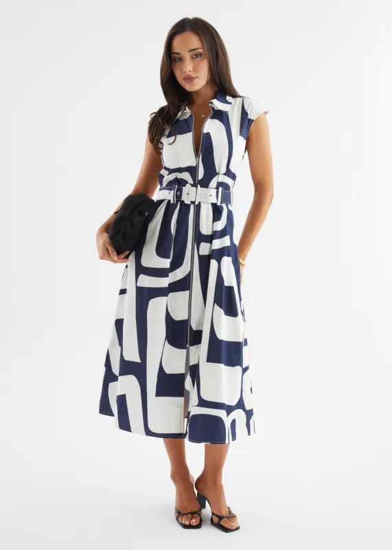 Casper Midi Dress - Navy Abstract sold by Gingham & Heels