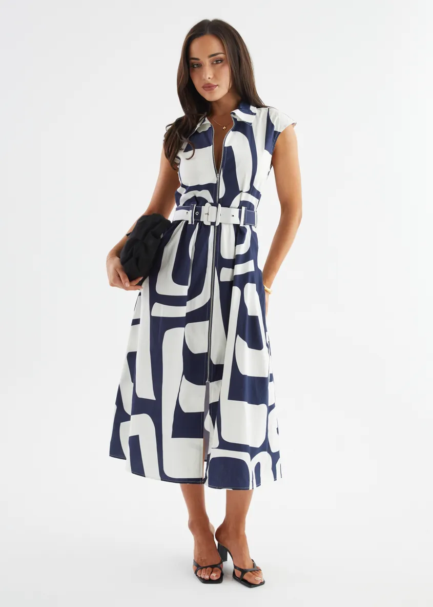 Casper Midi Dress - Navy Abstract sold by Gingham & Heels