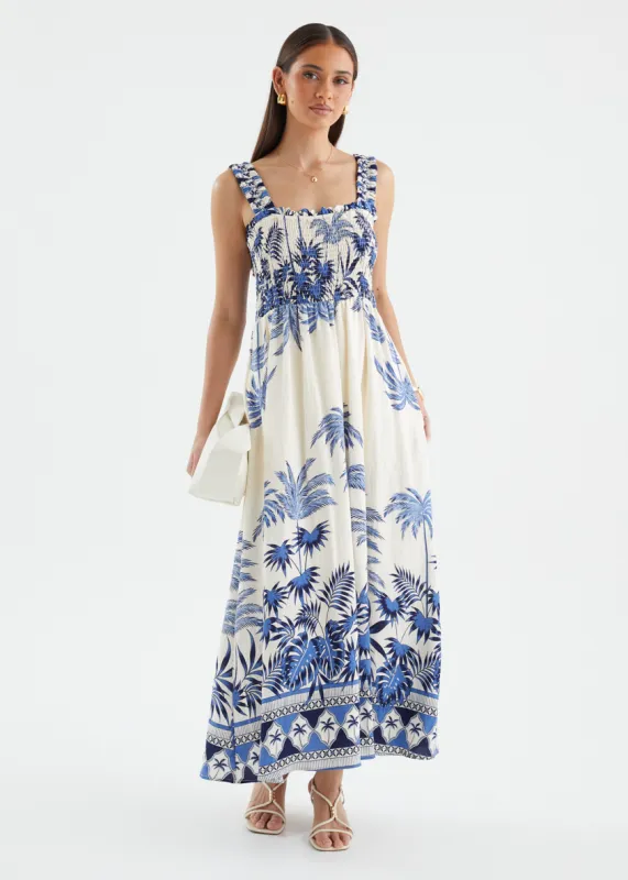 Emillina Maxi Dress - Azure Palms sold by Gingham & Heels