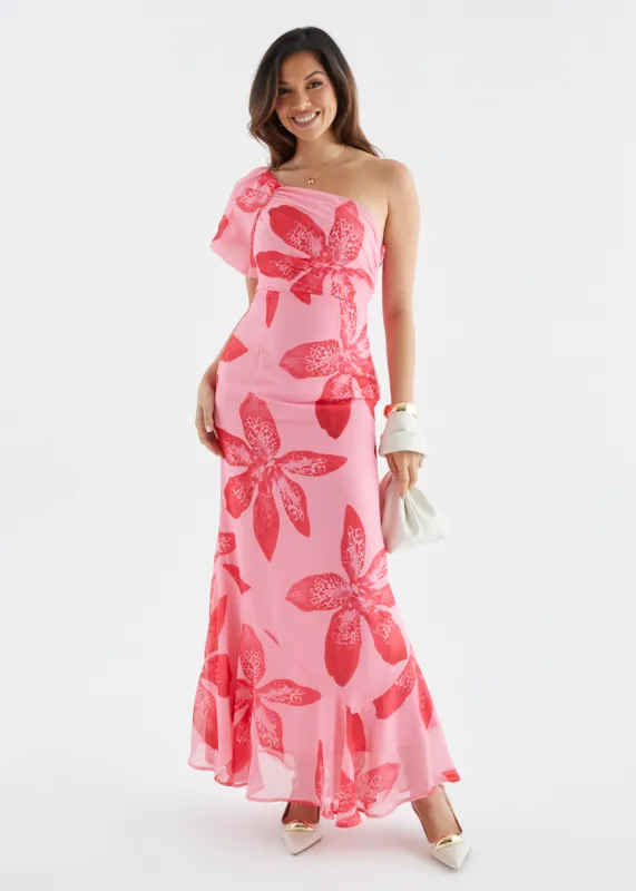 Kiah One Shoulder Maxi Dress - Pink Flowers sold by Gingham & Heels