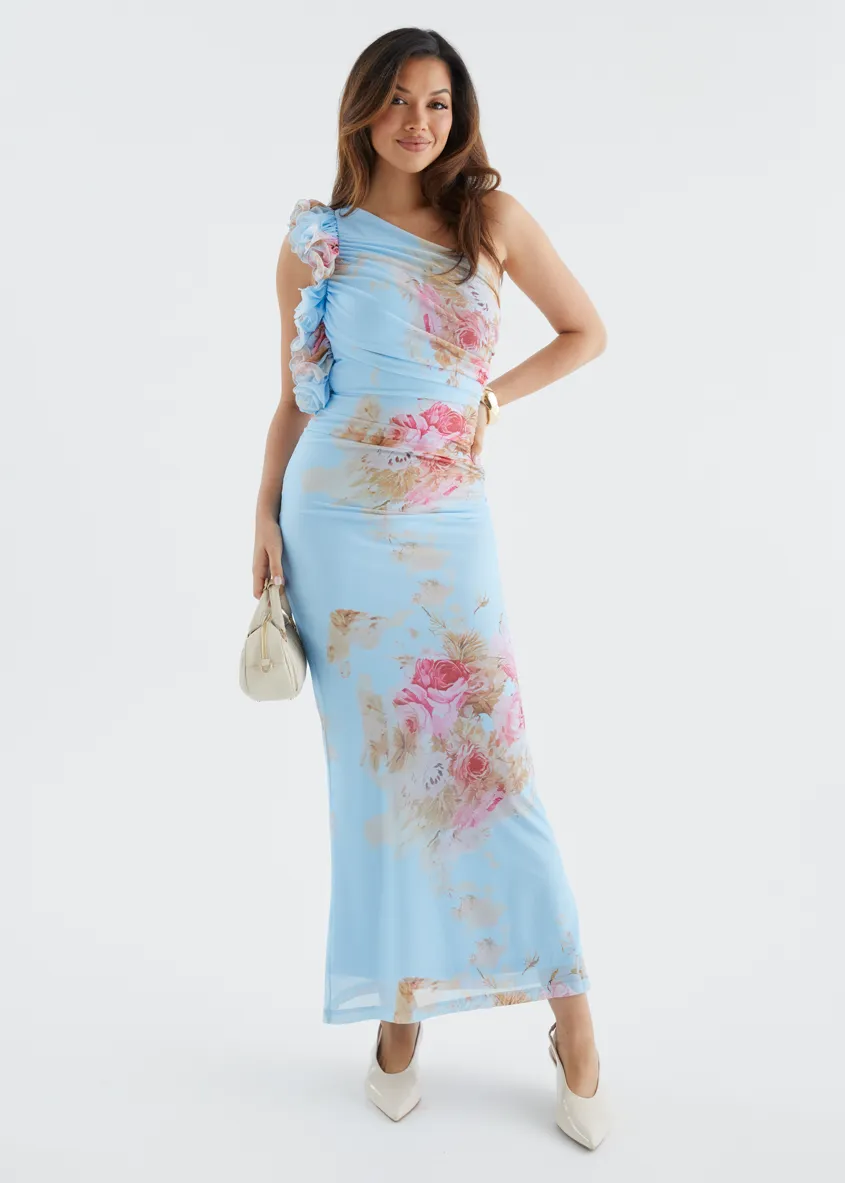 Sia One Shoulder Mesh Maxi Dress - Blue Bouquet sold by Gingham & Heels