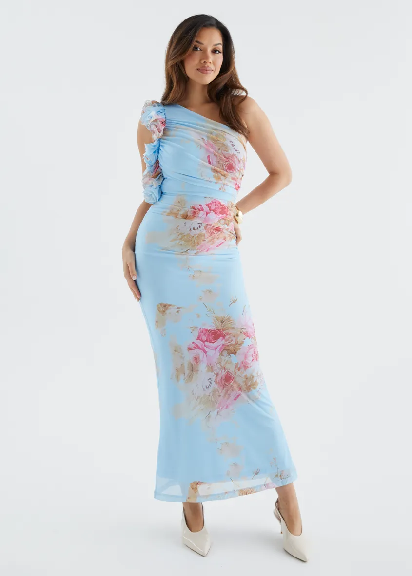 Sia One Shoulder Mesh Maxi Dress - Blue Bouquet sold by Gingham & Heels product image thumbnail 4