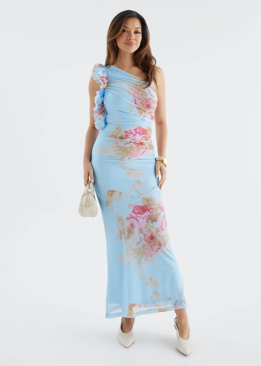 Sia One Shoulder Mesh Maxi Dress - Blue Bouquet sold by Gingham & Heels product image thumbnail 2