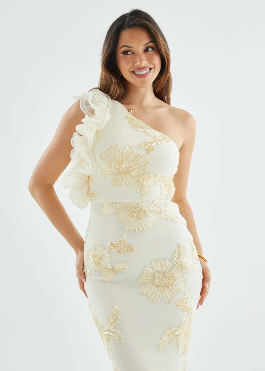 Taysia One Shoulder Mesh Maxi Dress - Butter sold by Gingham & Heels product image thumbnail 3