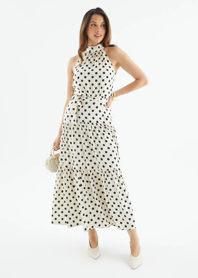 Katrina Halter Maxi Dress - Cream Polka sold by Gingham & Heels