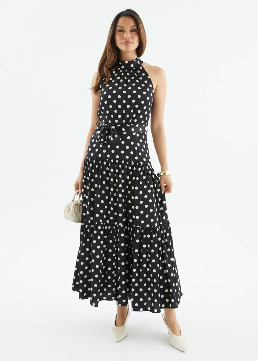 Katrina Halter Maxi Dress - Black Polka sold by Gingham & Heels