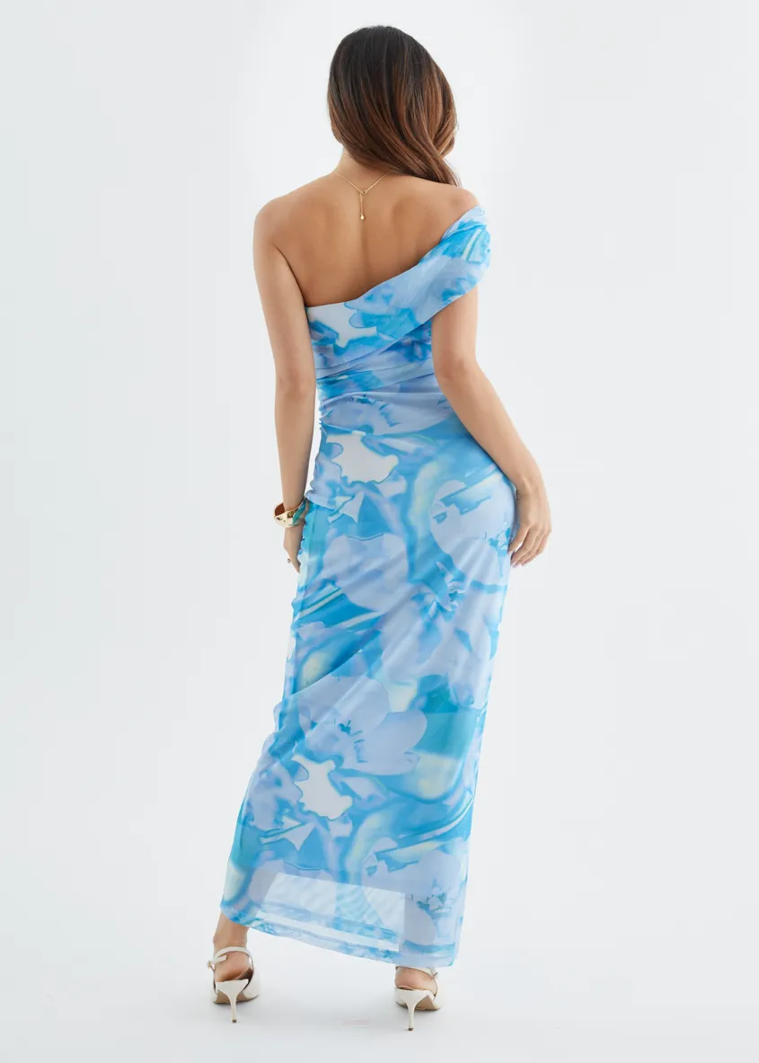 Aleia One Shoulder Mesh Maxi Dress - Blue Watercolour sold by Gingham & Heels product image thumbnail 5