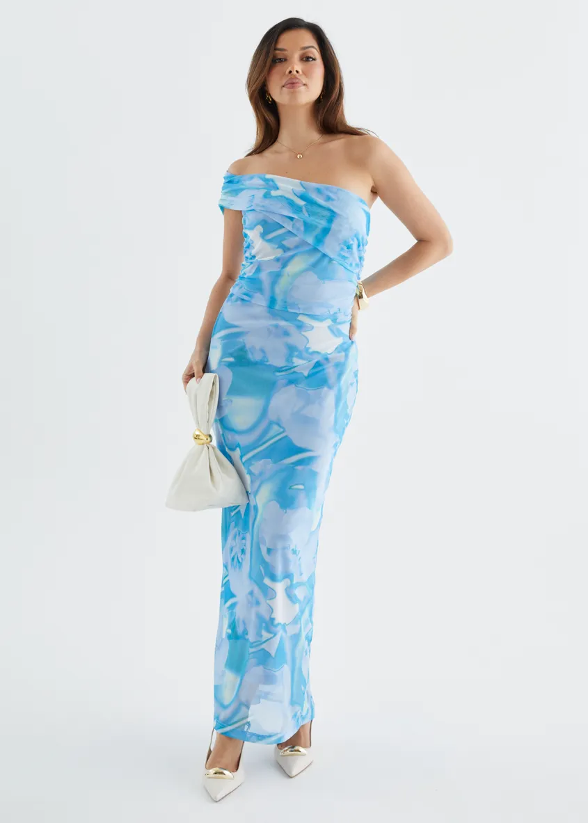 Aleia One Shoulder Mesh Maxi Dress - Blue Watercolour sold by Gingham & Heels product image thumbnail 3