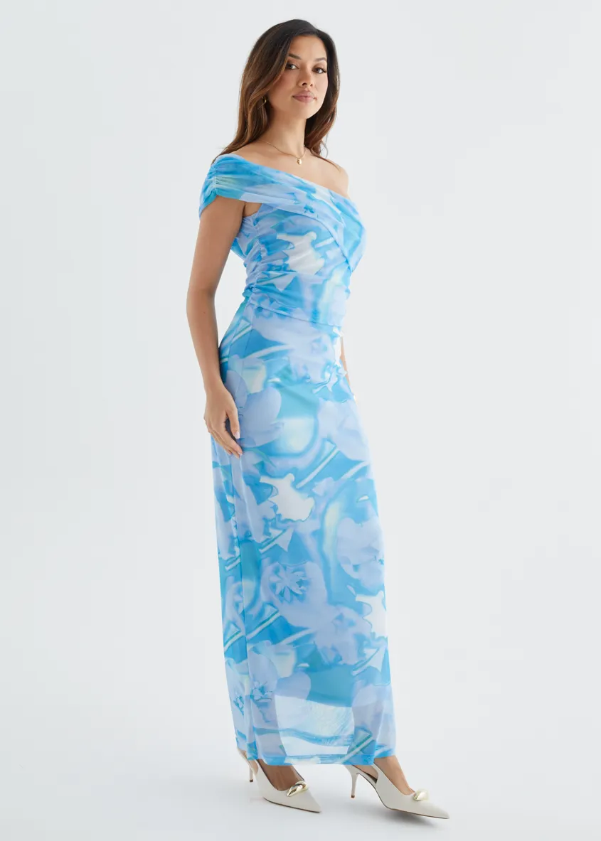 Aleia One Shoulder Mesh Maxi Dress - Blue Watercolour sold by Gingham & Heels product image thumbnail 4