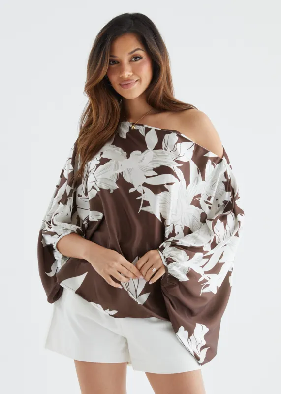 Maui Off Shoulder Top - Chocolate Floral sold by Gingham & Heels