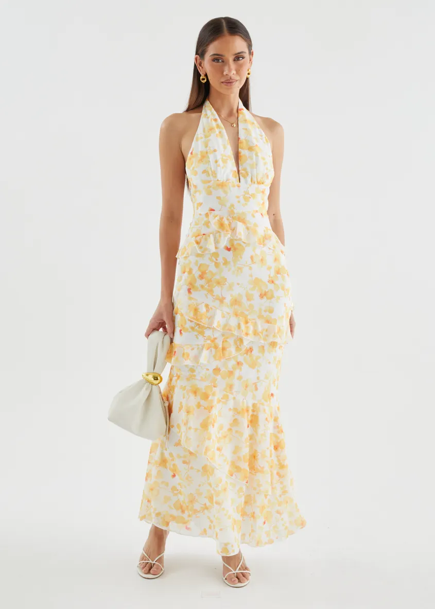 Ferryn Halter Maxi Dress - Yellow Floral sold by Gingham & Heels