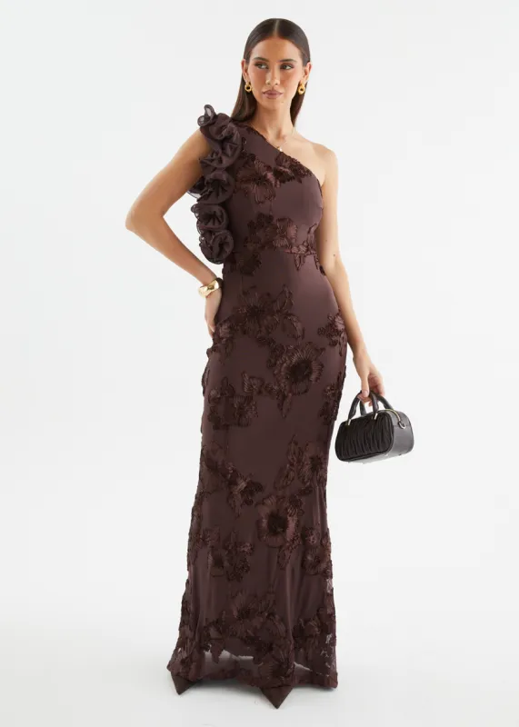 Taysia One Shoulder Mesh Maxi Dress - Chocolate sold by Gingham & Heels